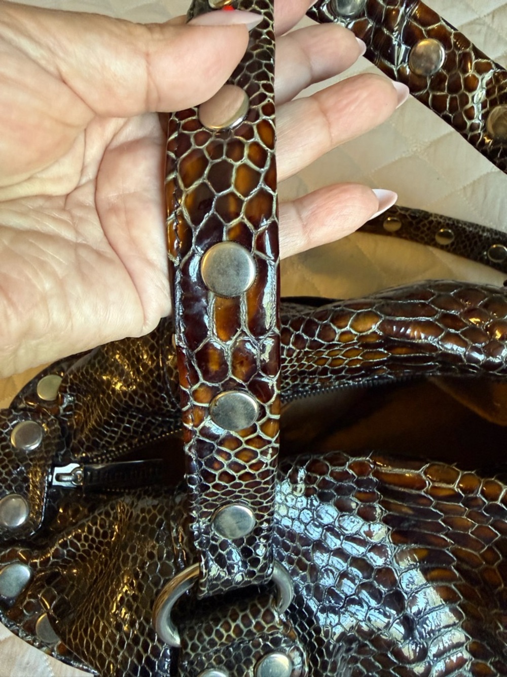 Hammitt Leather Studded Handbag – Brown Snakeskin Embossed - Picture 3 of 16